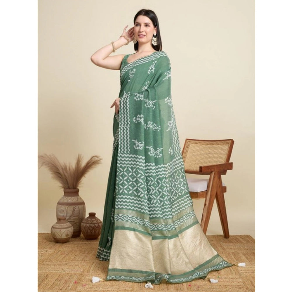Snuggle Spot Women's Semi Cotton Printed Saree With Unstitched Blouse 5.5Mtr (Green)