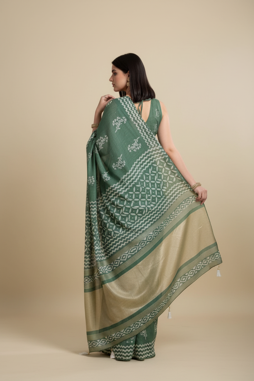 Snuggle Spot Women's Semi Cotton Printed Saree With Unstitched Blouse 5.5Mtr (Green)