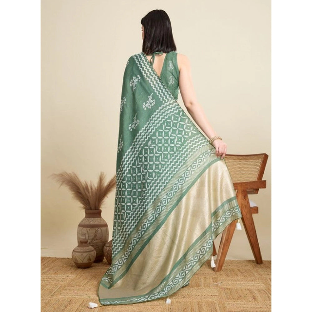 Snuggle Spot Women's Semi Cotton Printed Saree With Unstitched Blouse 5.5Mtr (Green)
