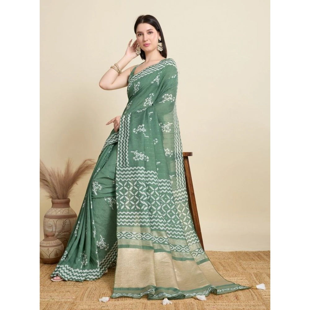 Snuggle Spot Women's Semi Cotton Printed Saree With Unstitched Blouse 5.5Mtr (Green)