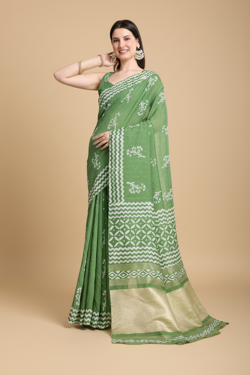 Snuggle Spot Women's Semi Cotton Printed Saree With Unstitched Blouse 5.5Mtr (Mint-Green)