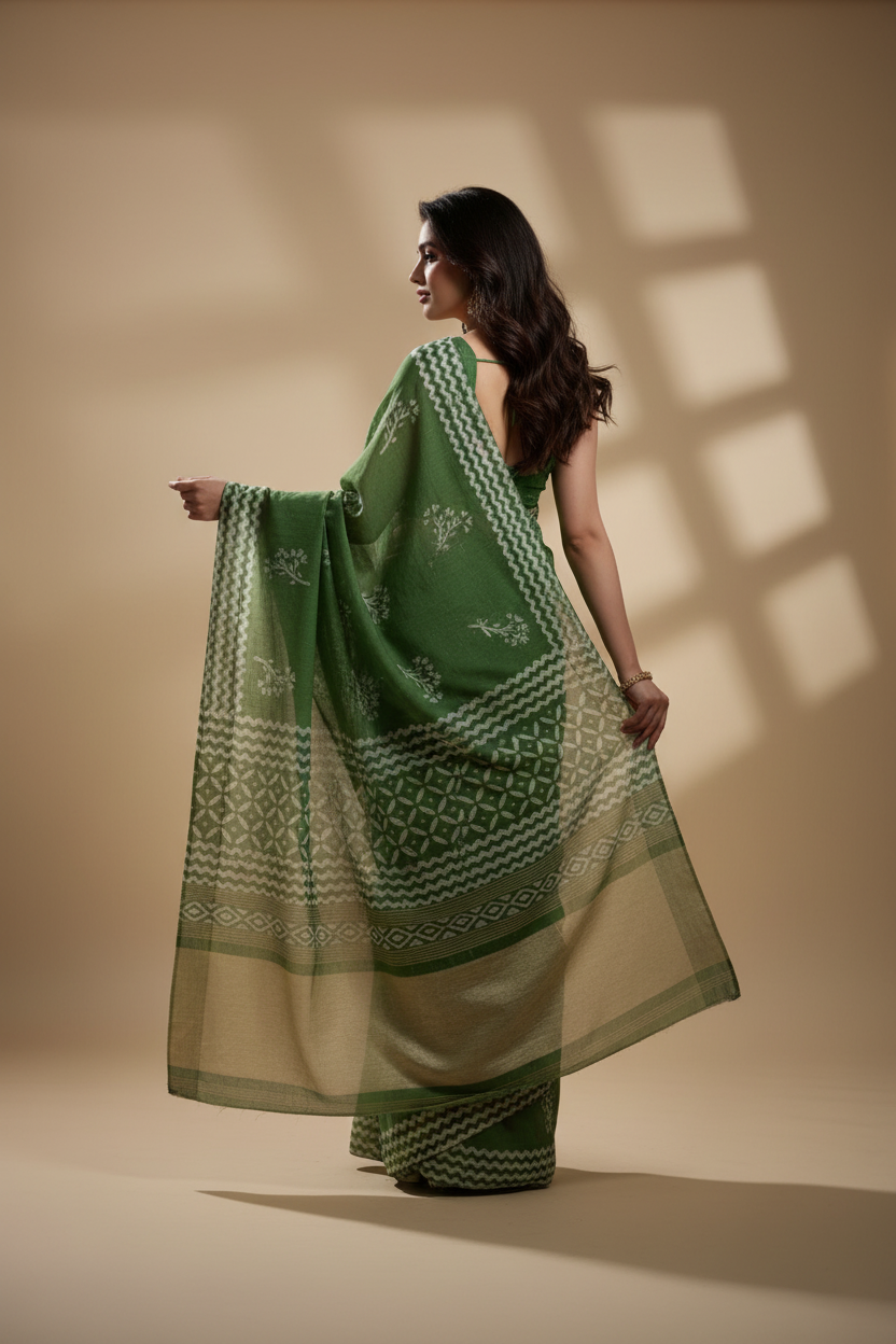 Snuggle Spot Women's Semi Cotton Printed Saree With Unstitched Blouse 5.5Mtr (Mint-Green)