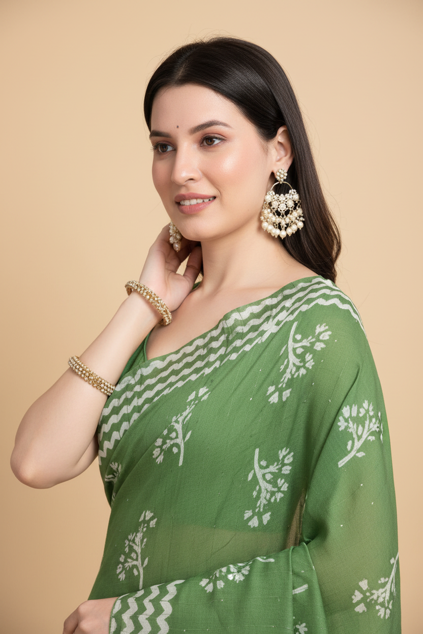 Snuggle Spot Women's Semi Cotton Printed Saree With Unstitched Blouse 5.5Mtr (Mint-Green)