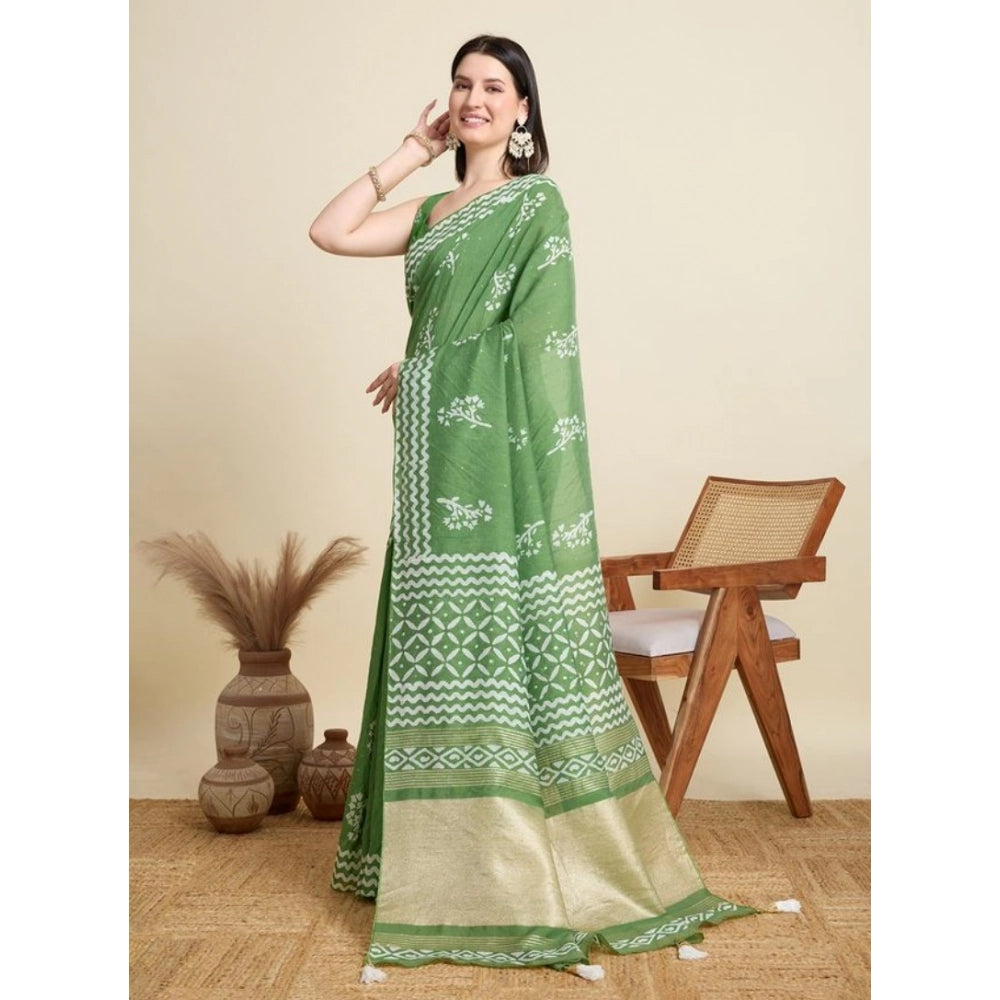 Snuggle Spot Women's Semi Cotton Printed Saree With Unstitched Blouse 5.5Mtr (Mint-Green)