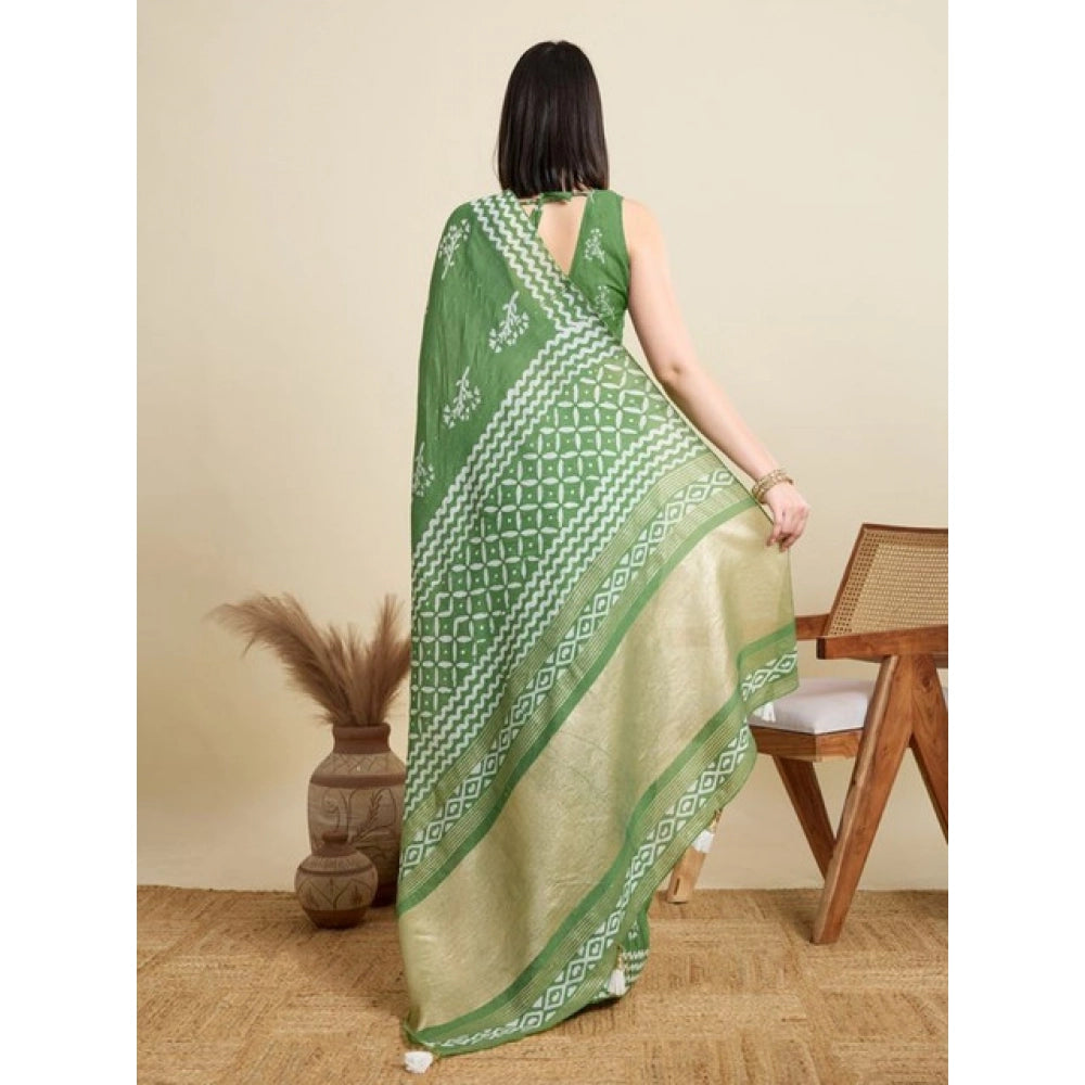 Snuggle Spot Women's Semi Cotton Printed Saree With Unstitched Blouse 5.5Mtr (Mint-Green)