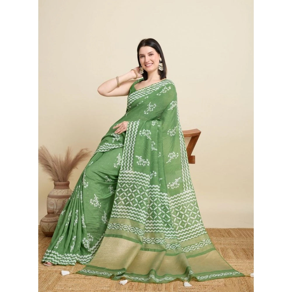 Snuggle Spot Women's Semi Cotton Printed Saree With Unstitched Blouse 5.5Mtr (Mint-Green)