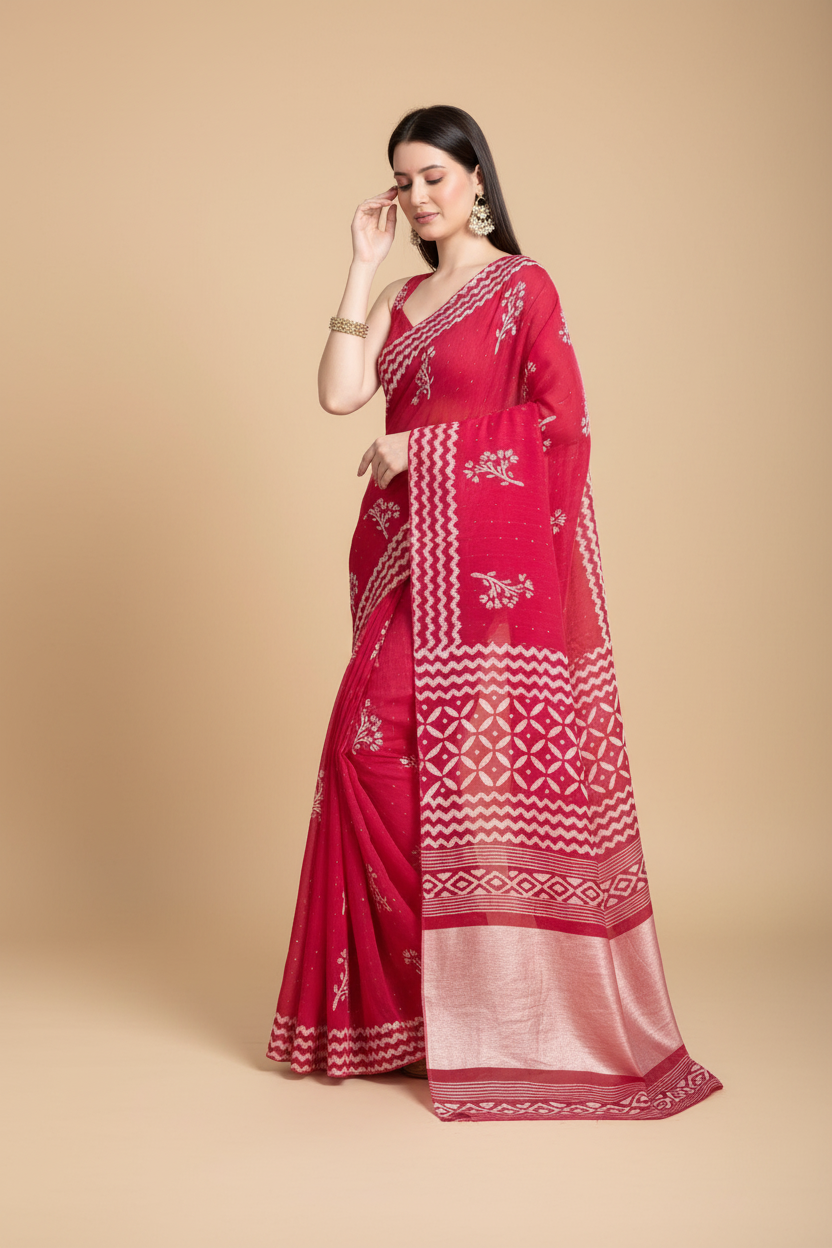 Snuggle Spot Women's Semi Cotton Printed Saree With Unstitched Blouse 5.5Mtr (Red)