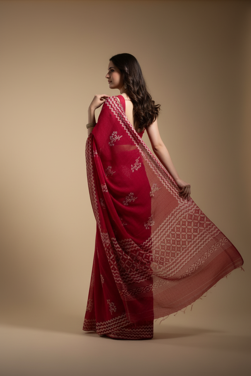 Snuggle Spot Women's Semi Cotton Printed Saree With Unstitched Blouse 5.5Mtr (Red)