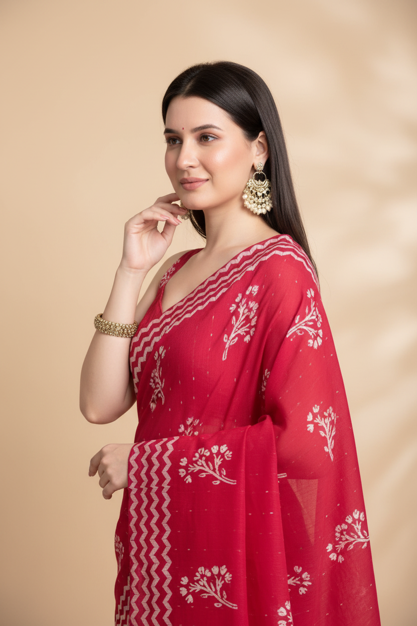 Snuggle Spot Women's Semi Cotton Printed Saree With Unstitched Blouse 5.5Mtr (Red)