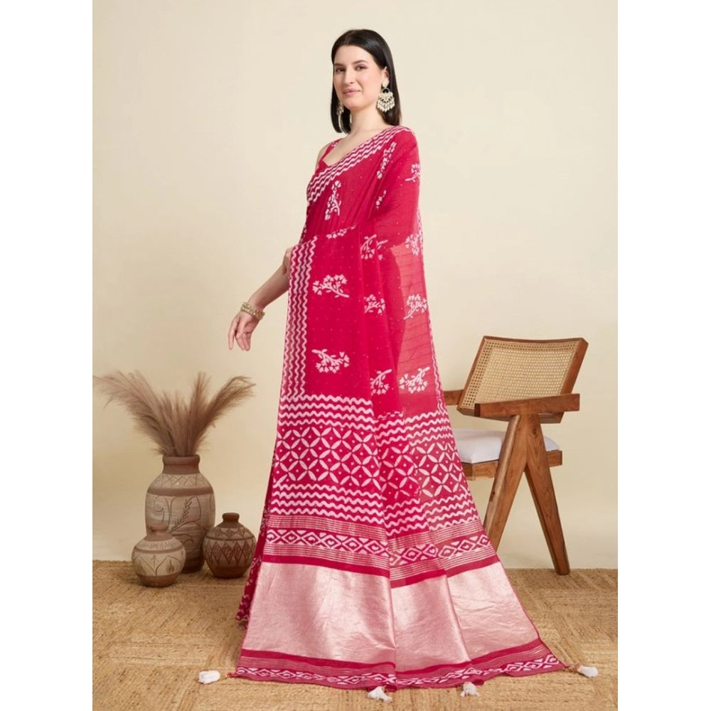 Snuggle Spot Women's Semi Cotton Printed Saree With Unstitched Blouse 5.5Mtr (Red)