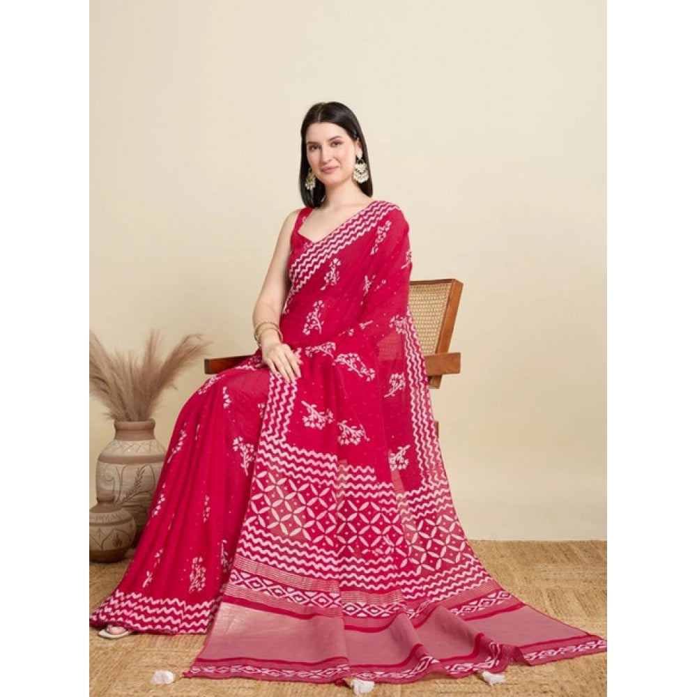 Snuggle Spot Women's Semi Cotton Printed Saree With Unstitched Blouse 5.5Mtr (Red)