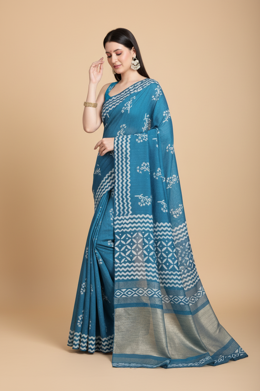 Snuggle Spot Women's Semi Cotton Printed Saree With Unstitched Blouse 5.5Mtr (Sky-Blue)
