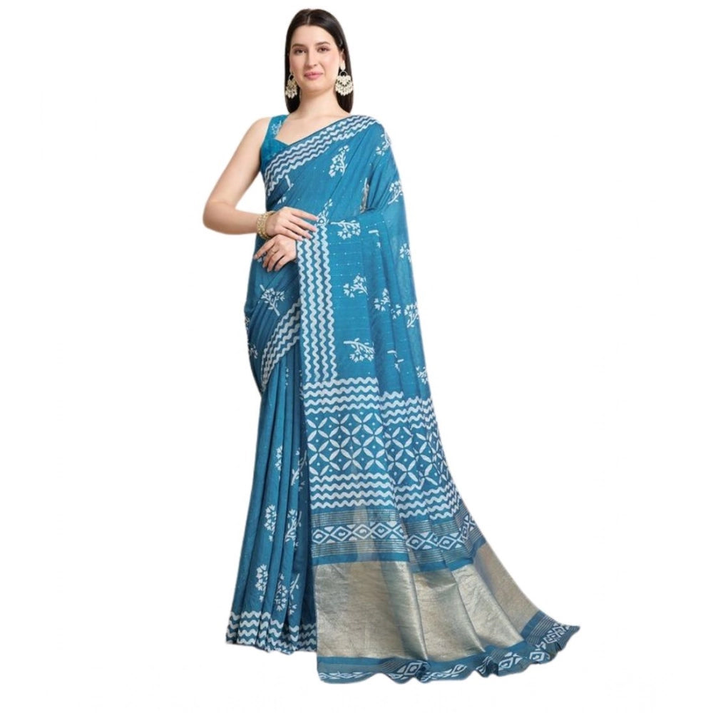 Snuggle Spot Women's Semi Cotton Printed Saree With Unstitched Blouse 5.5Mtr (Sky-Blue)