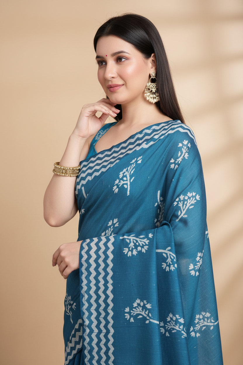 Snuggle Spot Women's Semi Cotton Printed Saree With Unstitched Blouse 5.5Mtr (Sky-Blue)