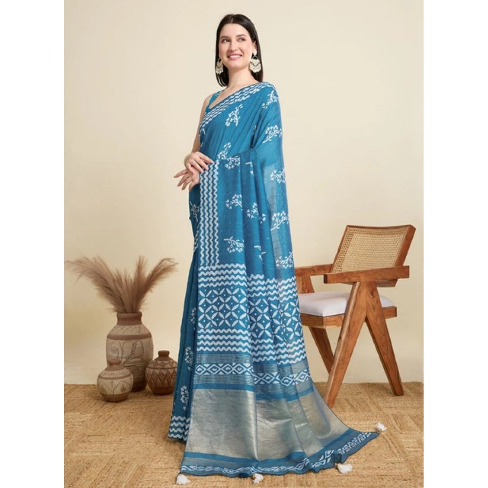 Snuggle Spot Women's Semi Cotton Printed Saree With Unstitched Blouse 5.5Mtr (Sky-Blue)