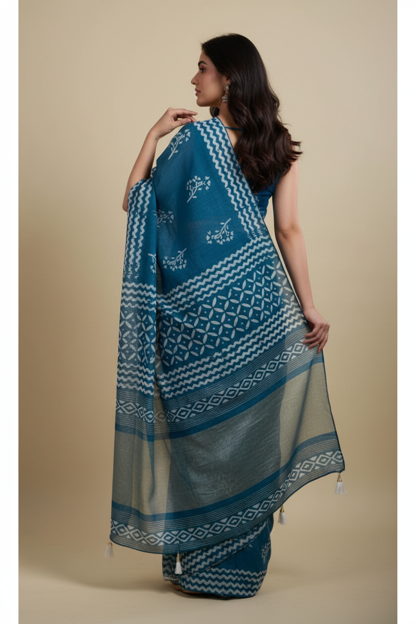 Snuggle Spot Women's Semi Cotton Printed Saree With Unstitched Blouse 5.5Mtr (Sky-Blue)