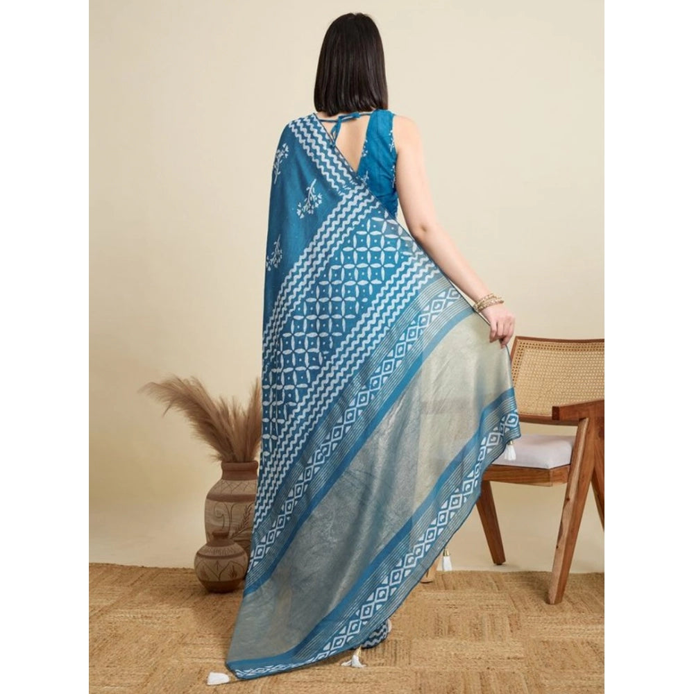 Snuggle Spot Women's Semi Cotton Printed Saree With Unstitched Blouse 5.5Mtr (Sky-Blue)
