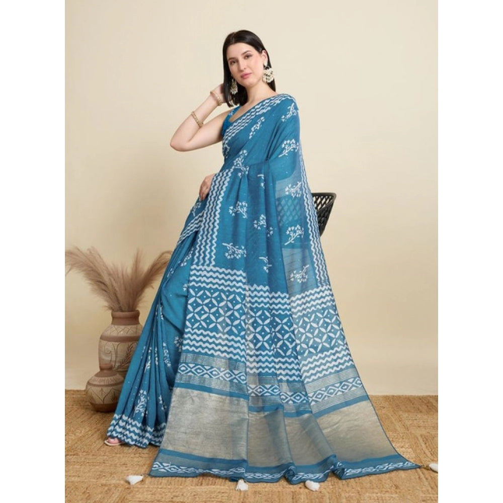 Snuggle Spot Women's Semi Cotton Printed Saree With Unstitched Blouse 5.5Mtr (Sky-Blue)
