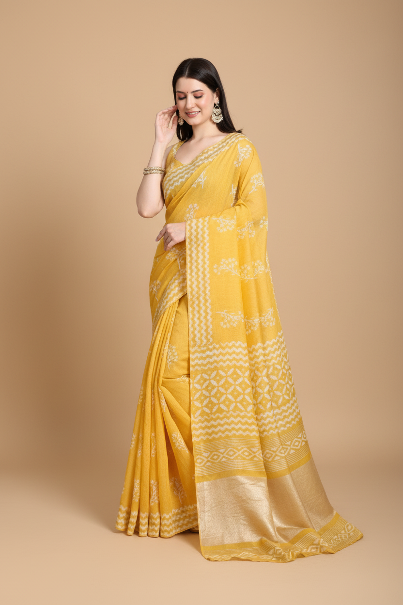 Snuggle Spot Women's Semi Cotton Printed Saree With Unstitched Blouse 5.5Mtr (Yellow)