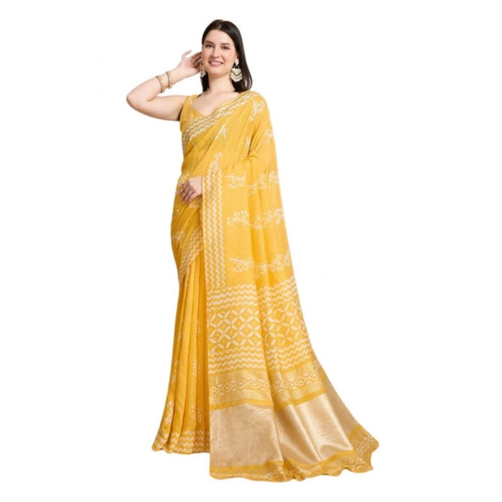 Snuggle Spot Women's Semi Cotton Printed Saree With Unstitched Blouse 5.5Mtr (Yellow)