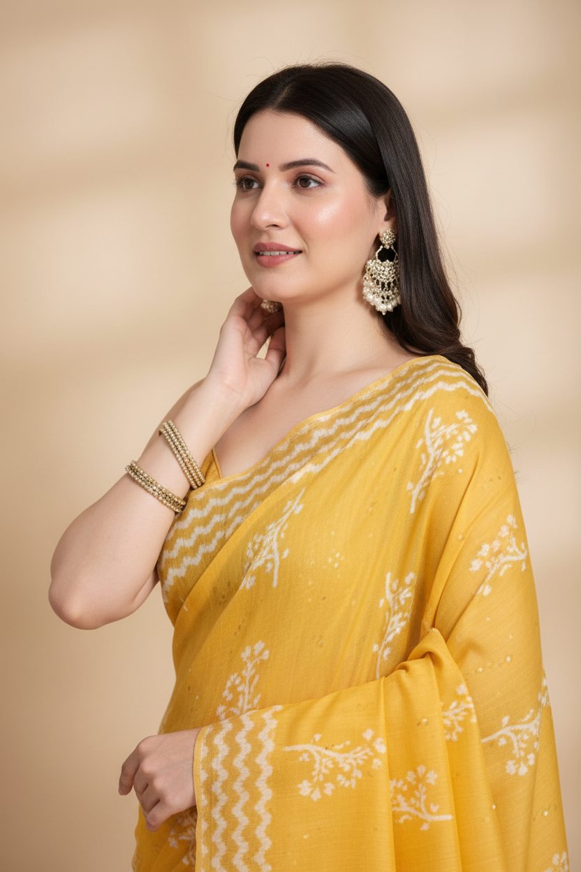 Snuggle Spot Women's Semi Cotton Printed Saree With Unstitched Blouse 5.5Mtr (Yellow)