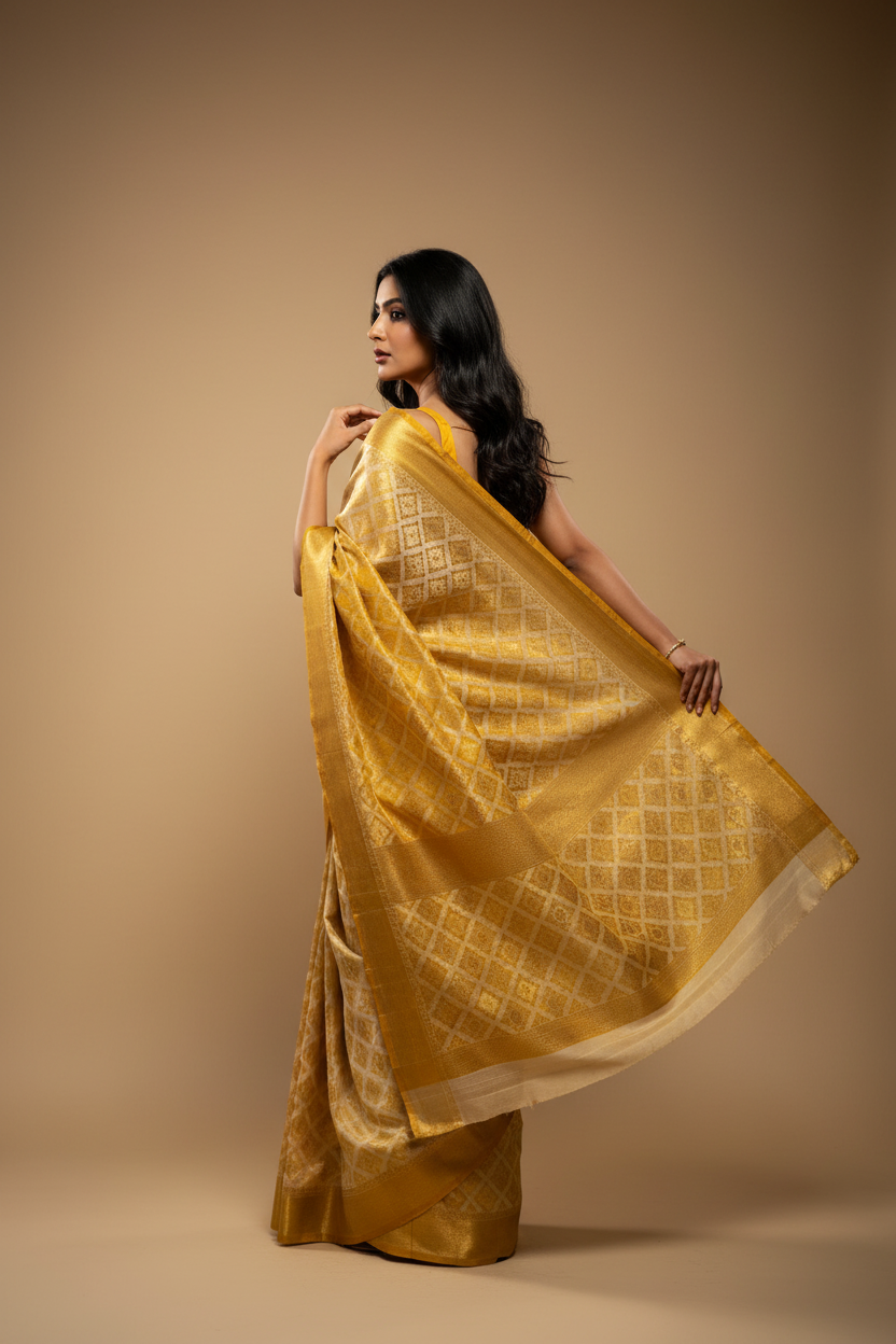 Snuggle Spot Women's Semi Cotton Printed Saree With Unstitched Blouse 5.5Mtr (Yellow)