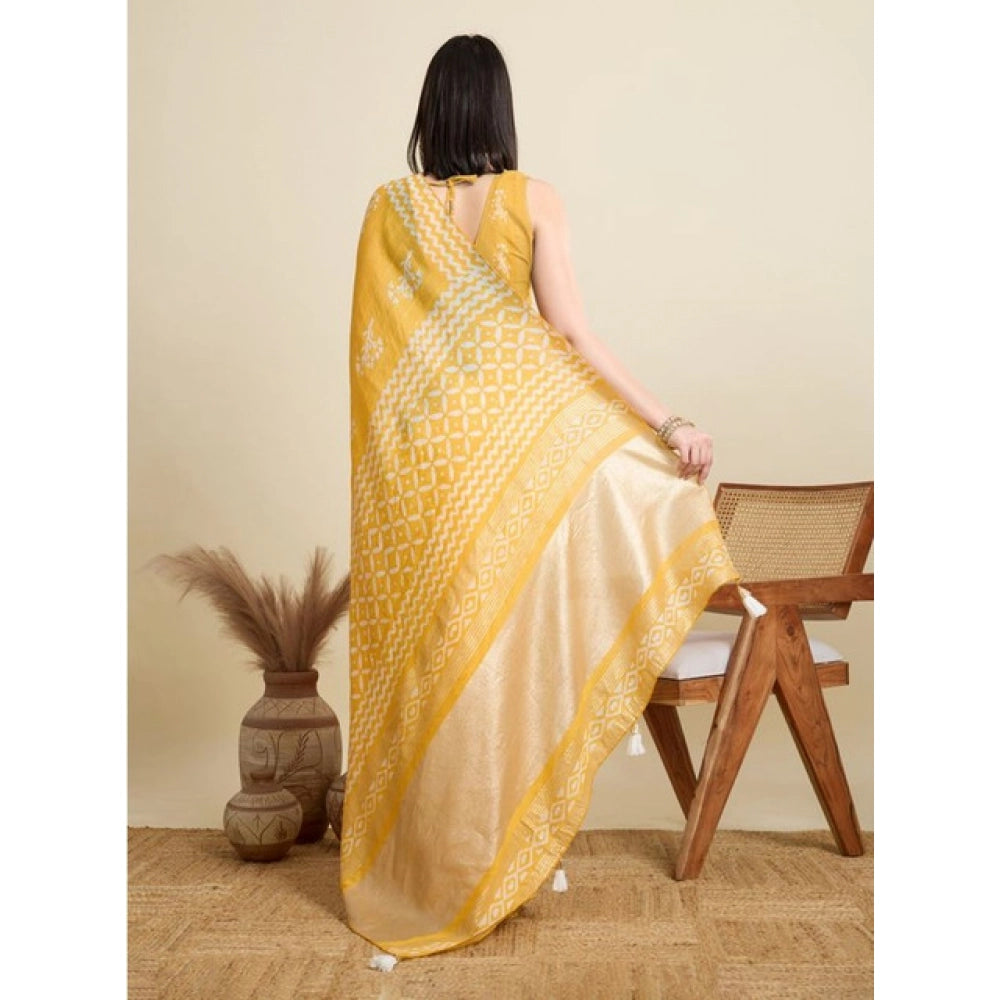 Snuggle Spot Women's Semi Cotton Printed Saree With Unstitched Blouse 5.5Mtr (Yellow)