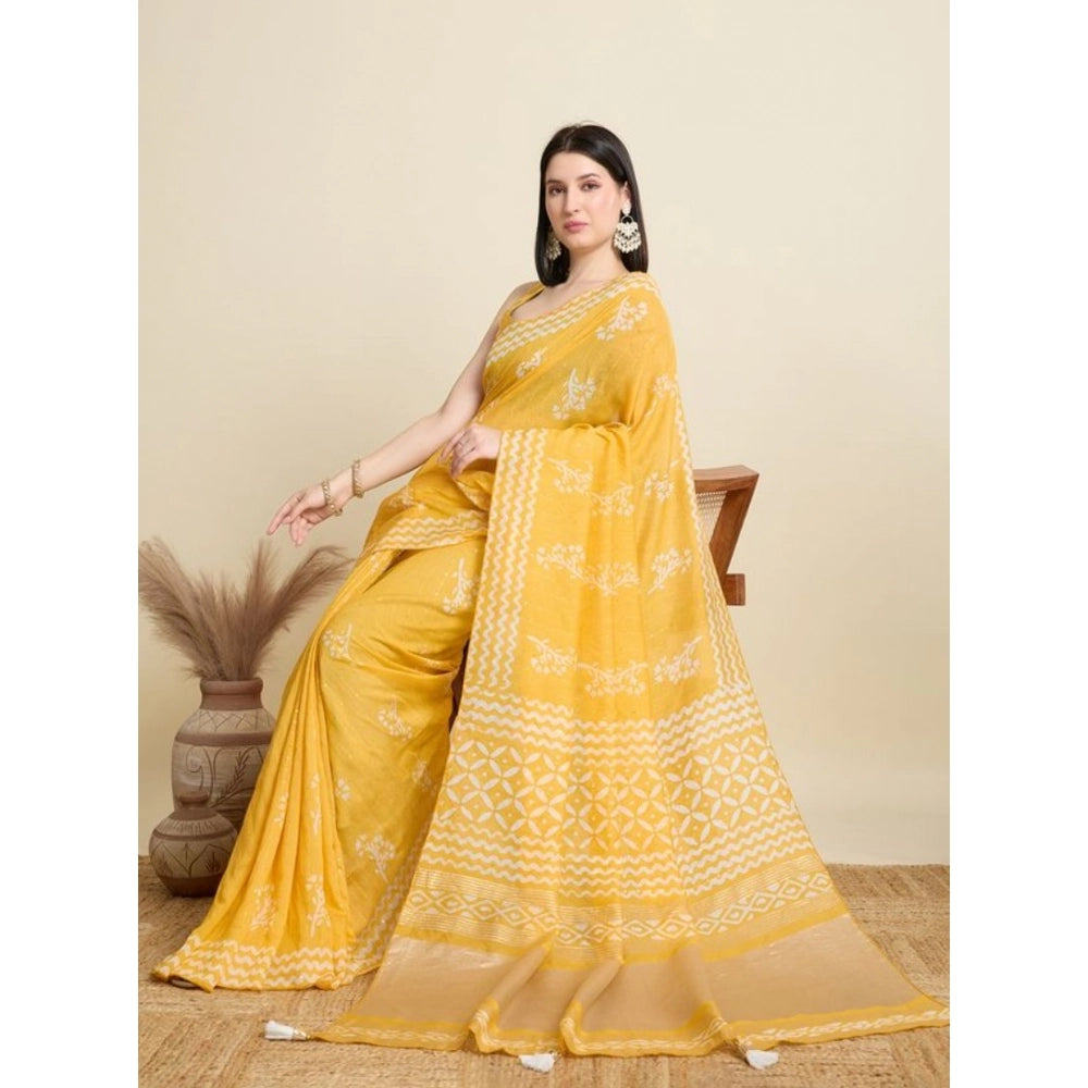 Snuggle Spot Women's Semi Cotton Printed Saree With Unstitched Blouse 5.5Mtr (Yellow)