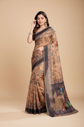 Snuggle Spot Women's Semi Cotton Digital Print Saree With Unstitched Blouse 5.5Mtr (Beige)
