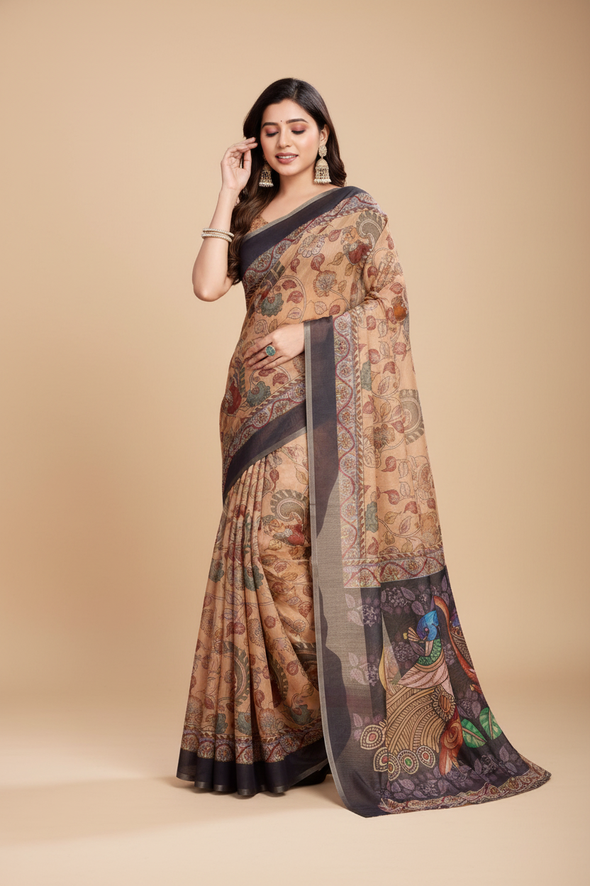 Snuggle Spot Women's Semi Cotton Digital Print Saree With Unstitched Blouse 5.5Mtr (Beige)