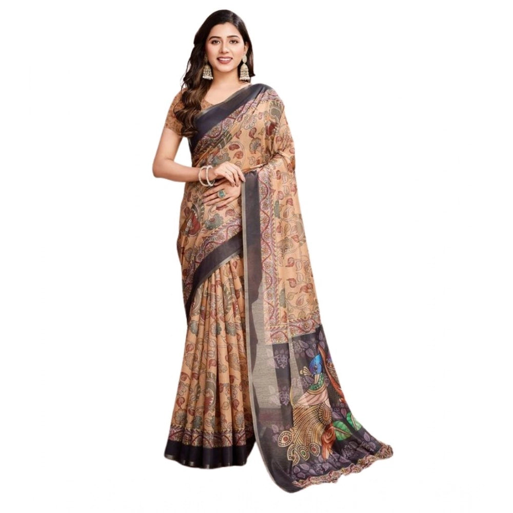 Snuggle Spot Women's Semi Cotton Digital Print Saree With Unstitched Blouse 5.5Mtr (Beige)