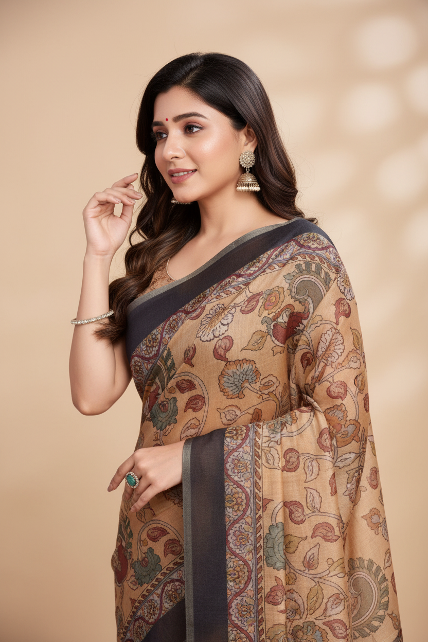 Snuggle Spot Women's Semi Cotton Digital Print Saree With Unstitched Blouse 5.5Mtr (Beige)