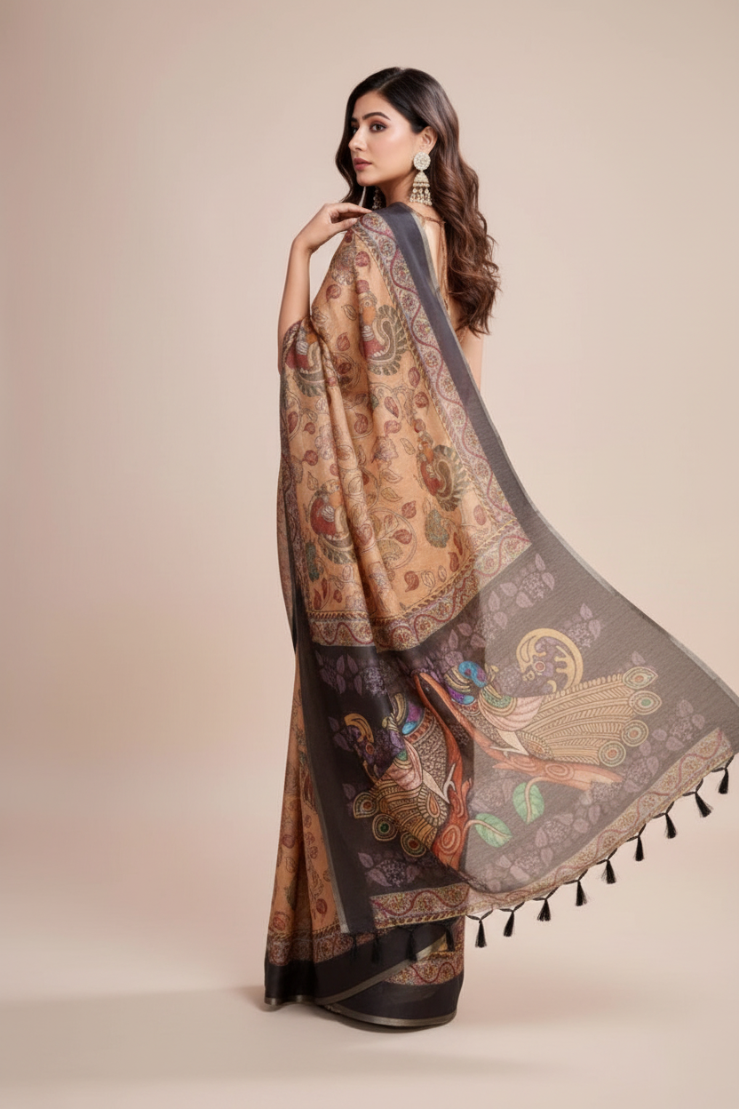 Snuggle Spot Women's Semi Cotton Digital Print Saree With Unstitched Blouse 5.5Mtr (Beige)