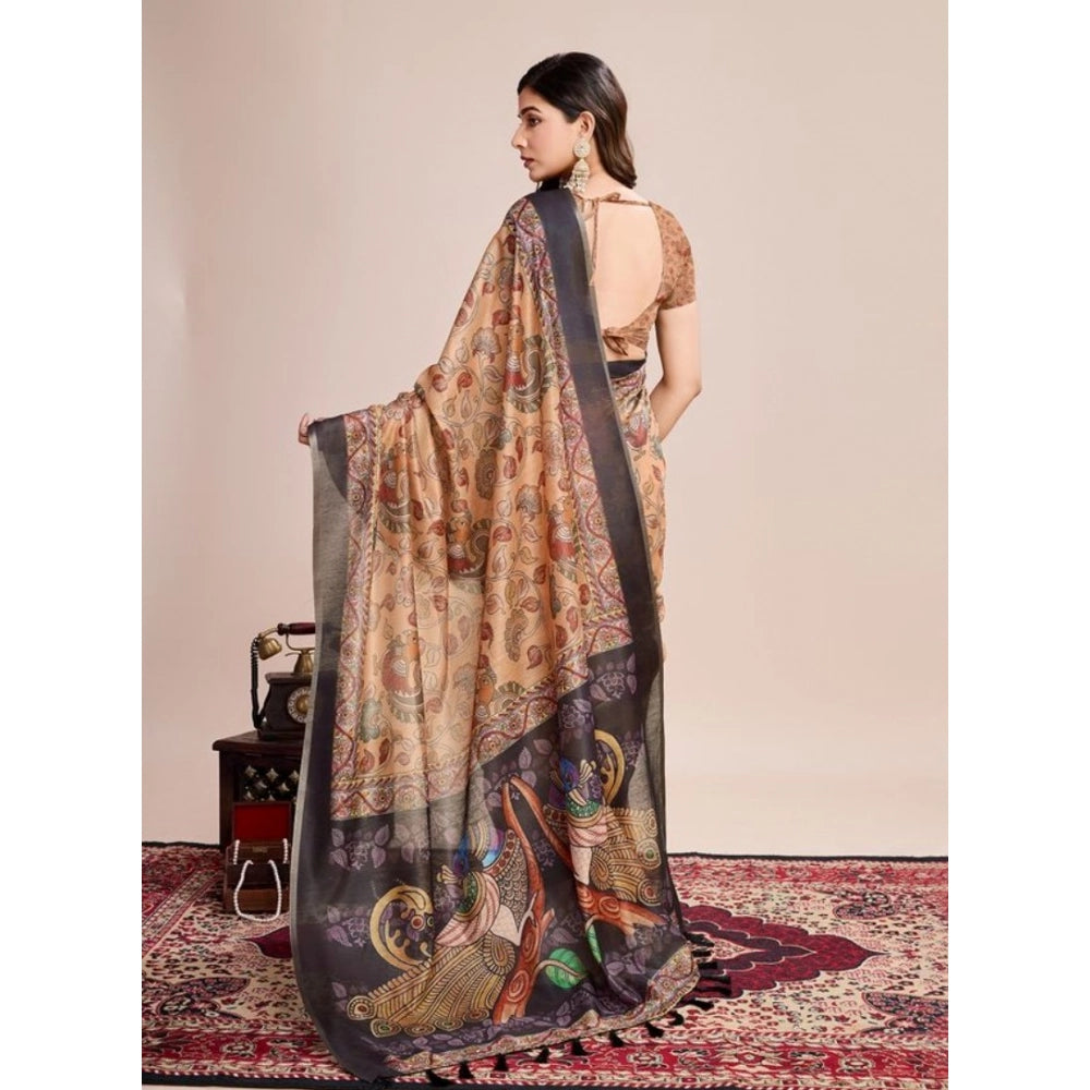 Snuggle Spot Women's Semi Cotton Digital Print Saree With Unstitched Blouse 5.5Mtr (Beige)