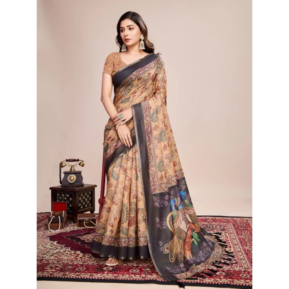 Snuggle Spot Women's Semi Cotton Digital Print Saree With Unstitched Blouse 5.5Mtr (Beige)