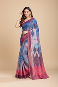 Snuggle Spot Women's Semi Cotton Digital Print Saree With Unstitched Blouse 5.5Mtr (Blue)