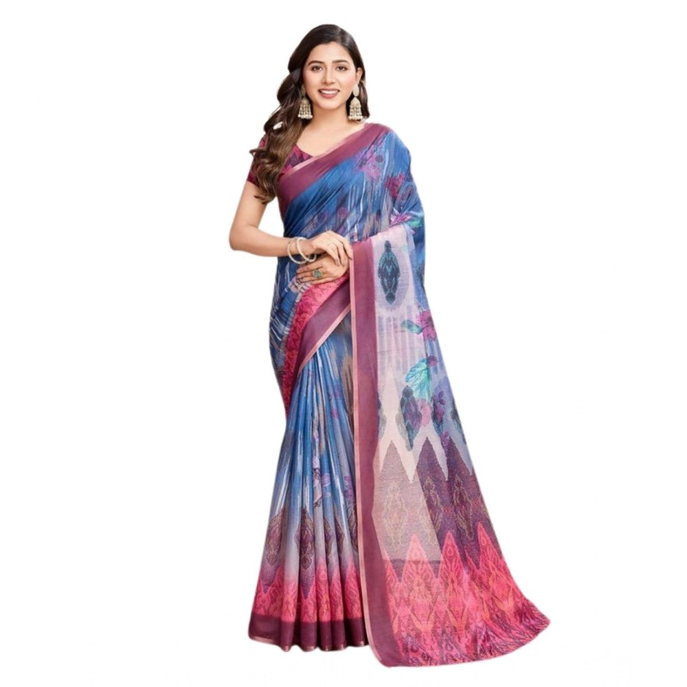 Snuggle Spot Women's Semi Cotton Digital Print Saree With Unstitched Blouse 5.5Mtr (Blue)