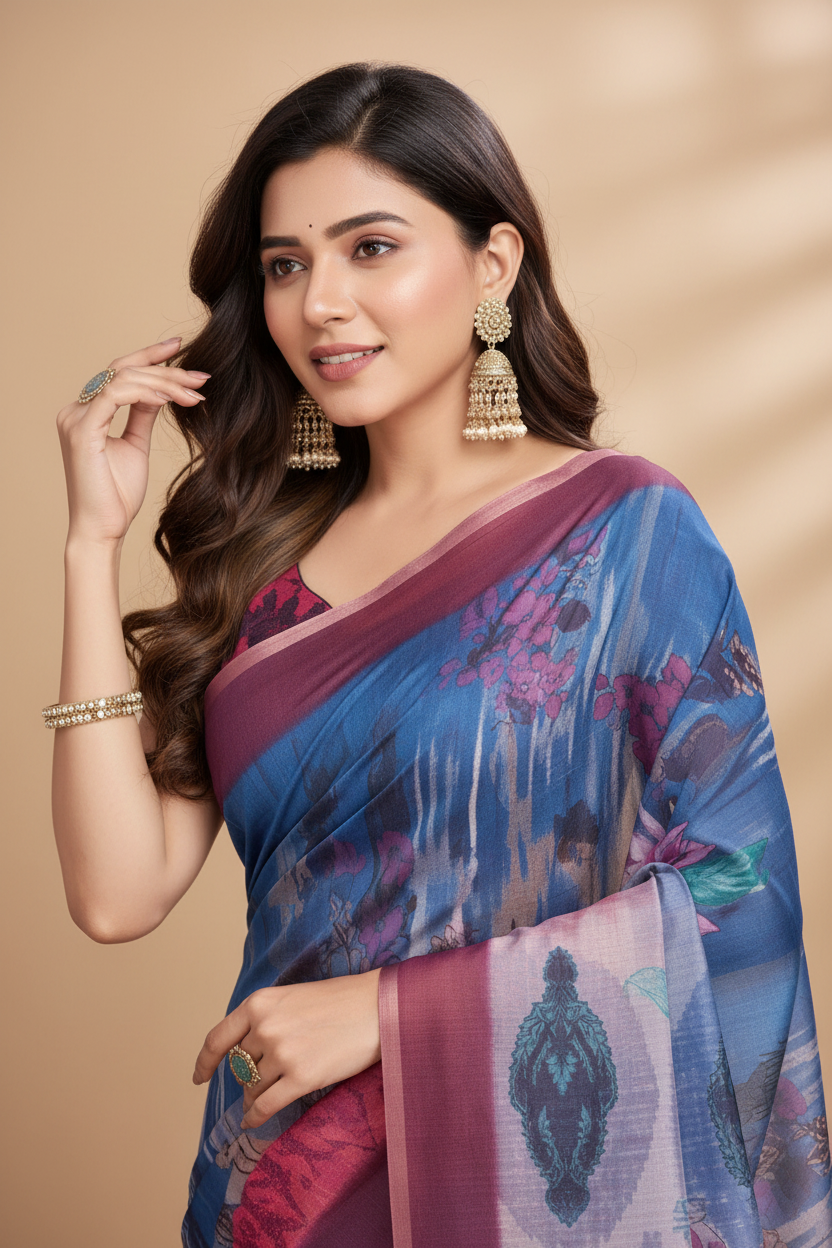 Snuggle Spot Women's Semi Cotton Digital Print Saree With Unstitched Blouse 5.5Mtr (Blue)