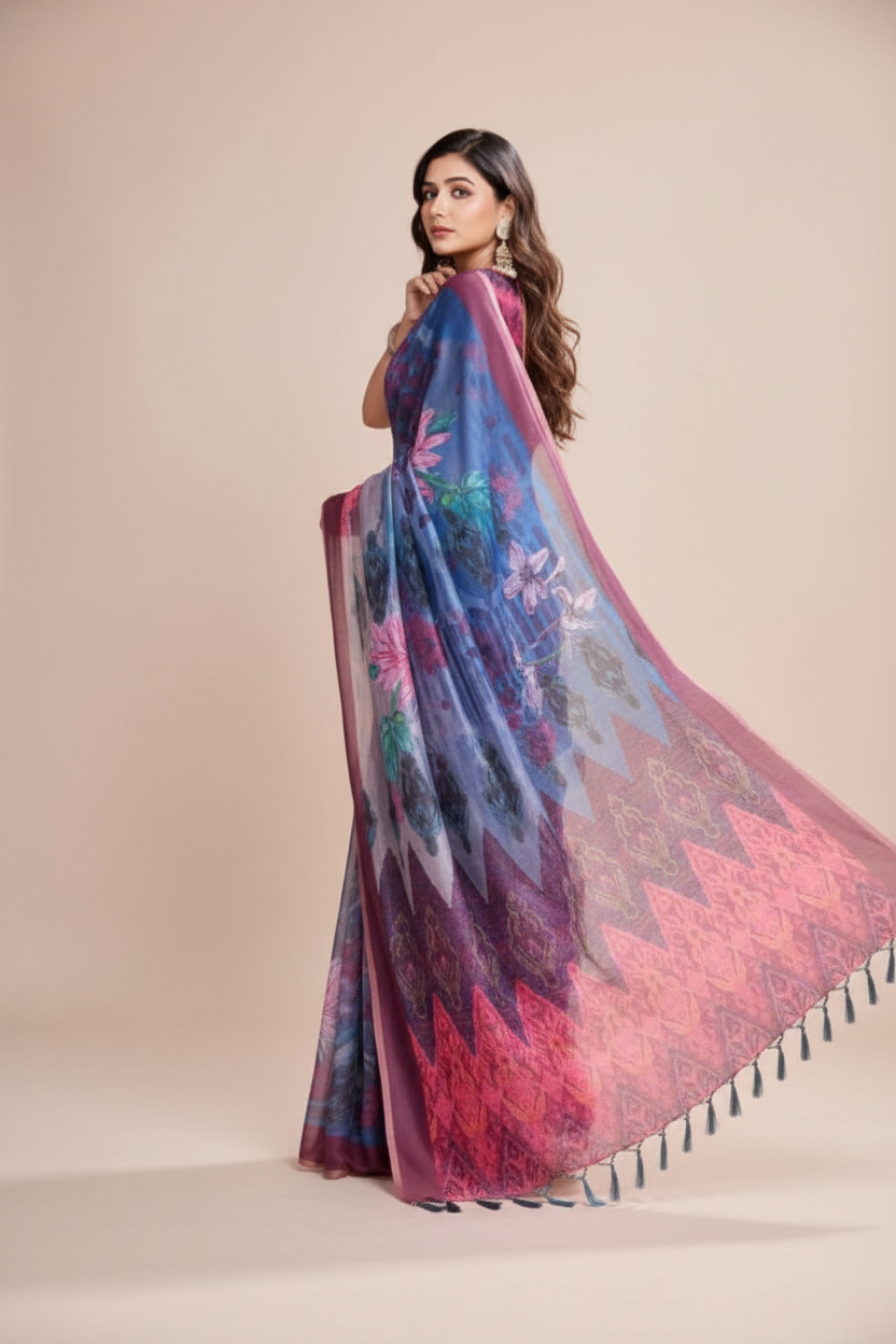Snuggle Spot Women's Semi Cotton Digital Print Saree With Unstitched Blouse 5.5Mtr (Blue)