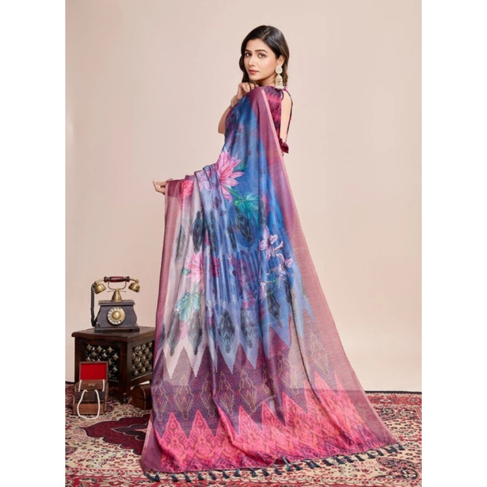 Snuggle Spot Women's Semi Cotton Digital Print Saree With Unstitched Blouse 5.5Mtr (Blue)