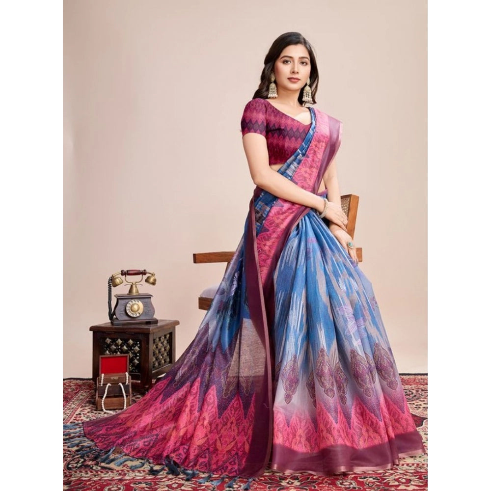 Snuggle Spot Women's Semi Cotton Digital Print Saree With Unstitched Blouse 5.5Mtr (Blue)