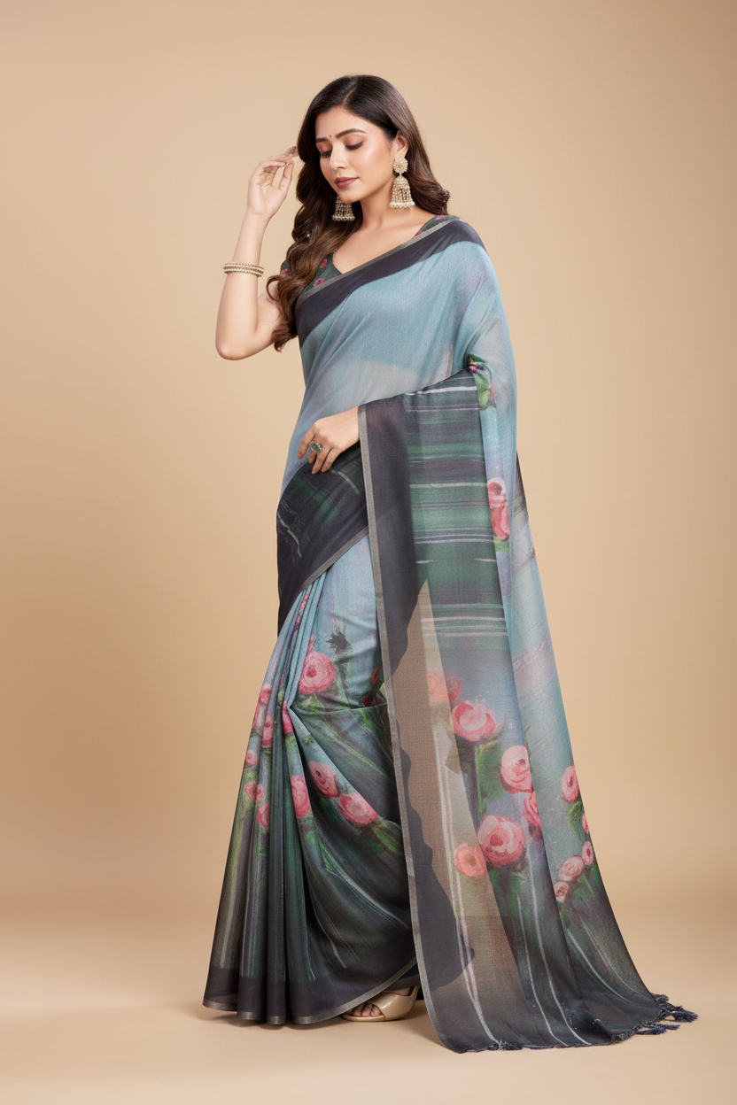 Snuggle Spot Women's Semi Cotton Digital Print Saree With Unstitched Blouse 5.5Mtr (Green)