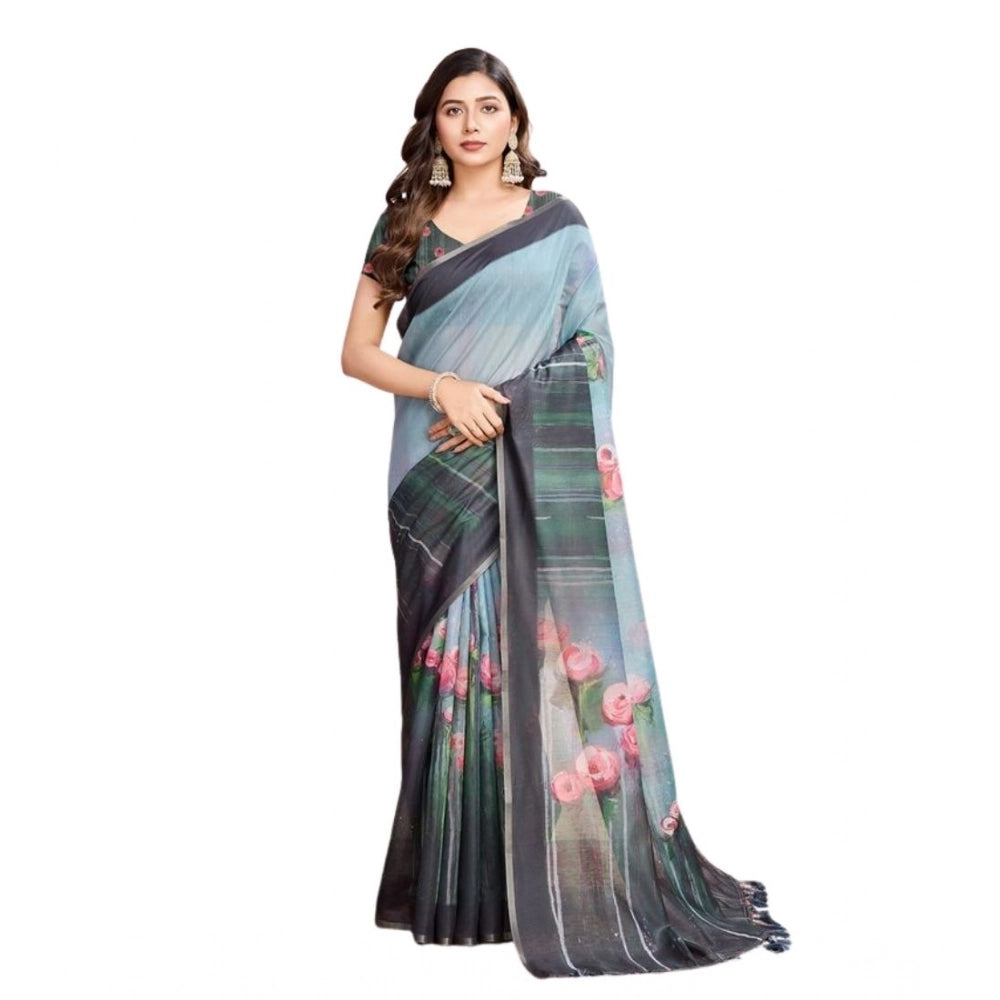 Snuggle Spot Women's Semi Cotton Digital Print Saree With Unstitched Blouse 5.5Mtr (Green)