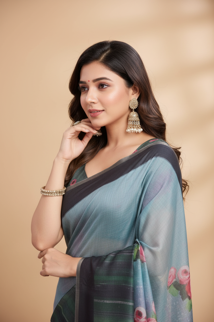 Snuggle Spot Women's Semi Cotton Digital Print Saree With Unstitched Blouse 5.5Mtr (Green)