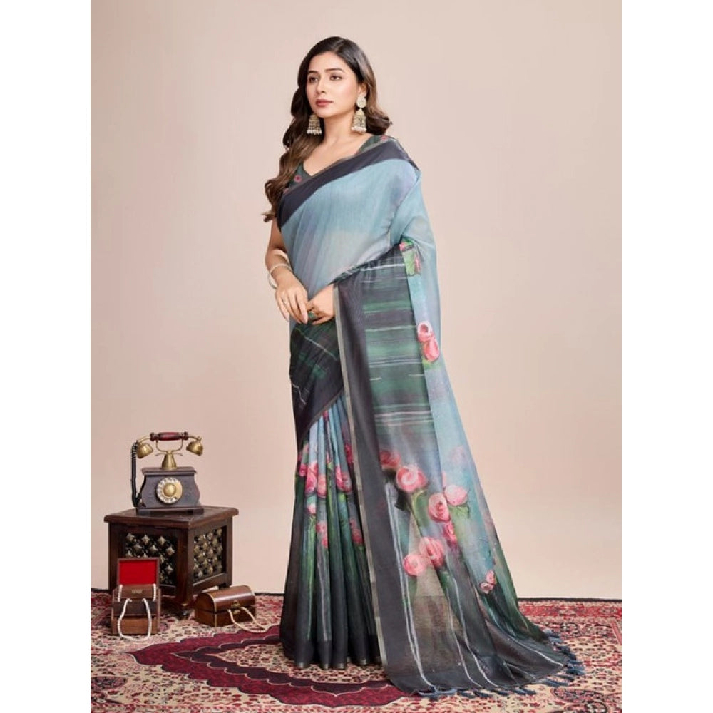 Snuggle Spot Women's Semi Cotton Digital Print Saree With Unstitched Blouse 5.5Mtr (Green)