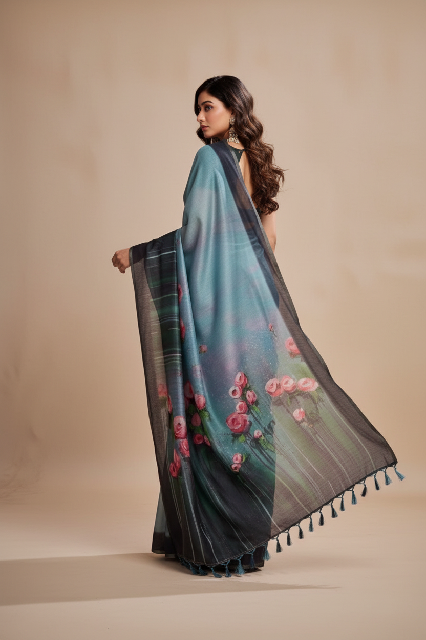 Snuggle Spot Women's Semi Cotton Digital Print Saree With Unstitched Blouse 5.5Mtr (Green)