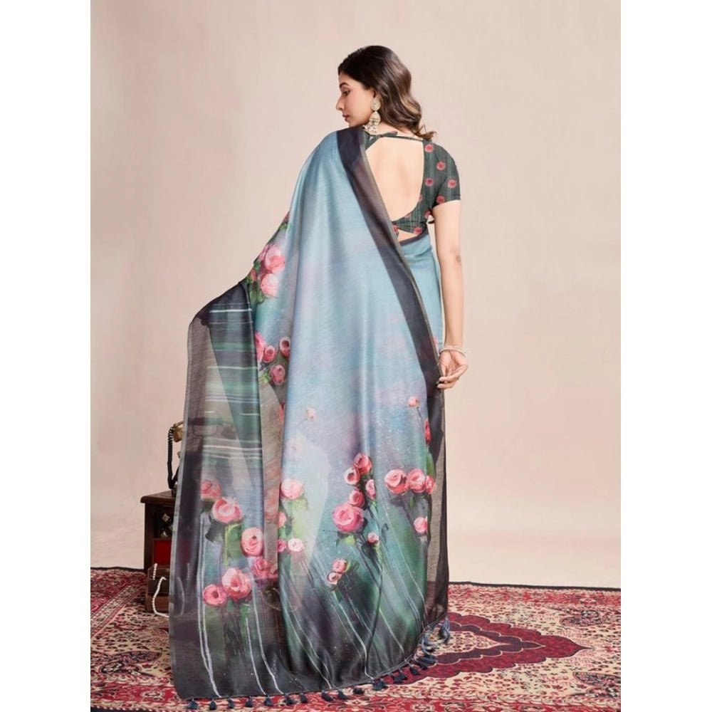Snuggle Spot Women's Semi Cotton Digital Print Saree With Unstitched Blouse 5.5Mtr (Green)