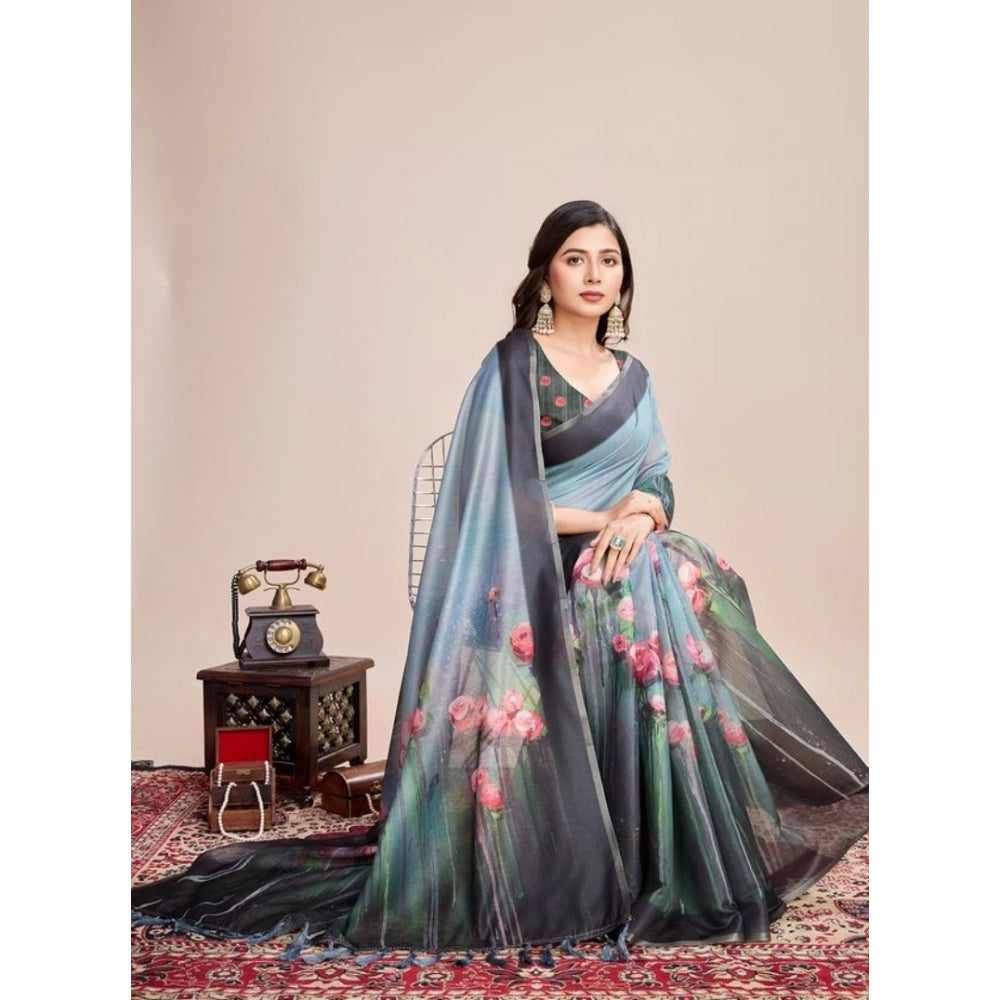 Snuggle Spot Women's Semi Cotton Digital Print Saree With Unstitched Blouse 5.5Mtr (Green)