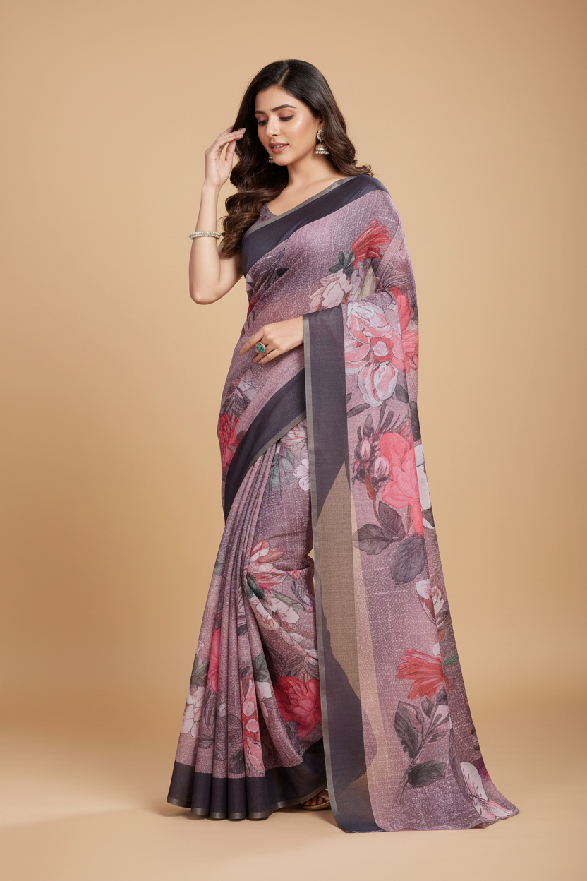 Snuggle Spot Women's Semi Cotton Digital Print Saree With Unstitched Blouse 5.5Mtr (lavender)