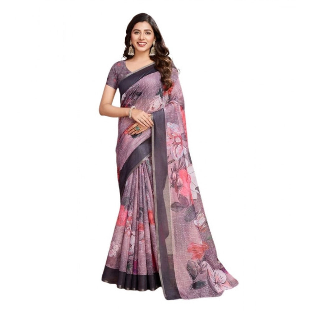 Snuggle Spot Women's Semi Cotton Digital Print Saree With Unstitched Blouse 5.5Mtr (lavender)